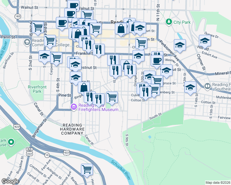map of restaurants, bars, coffee shops, grocery stores, and more near 735 Mcilvain Street in Reading