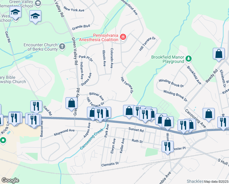 map of restaurants, bars, coffee shops, grocery stores, and more near 4227 Hill Terrace Drive in Sinking Spring