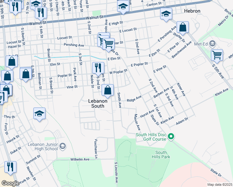 map of restaurants, bars, coffee shops, grocery stores, and more near 707 Smith Avenue in Lebanon