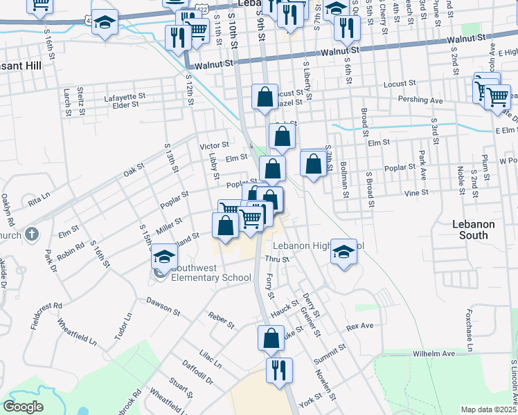 map of restaurants, bars, coffee shops, grocery stores, and more near 719 Quentin Road in Lebanon