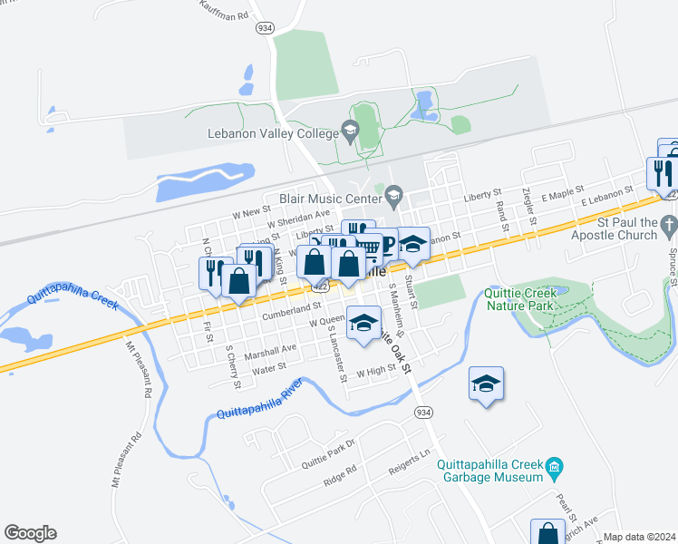 map of restaurants, bars, coffee shops, grocery stores, and more near 38 West Main Street in Annville