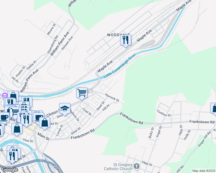 map of restaurants, bars, coffee shops, grocery stores, and more near 1110-1198 Ridge Avenue in Johnstown