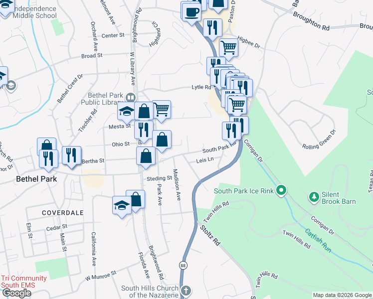 map of restaurants, bars, coffee shops, grocery stores, and more near 2551 South Park Road in Bethel Park