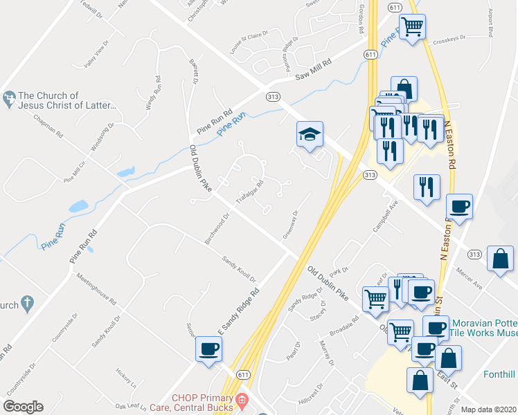 map of restaurants, bars, coffee shops, grocery stores, and more near 217 Victoria Court in Doylestown