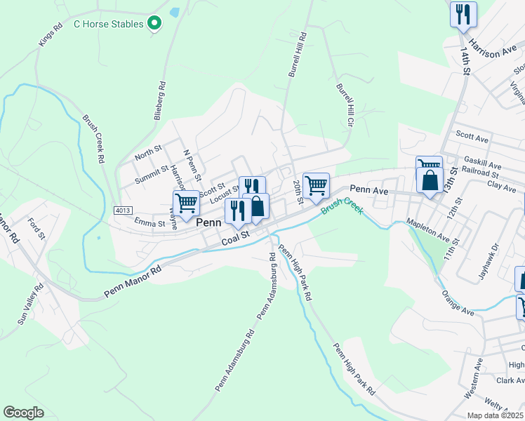 map of restaurants, bars, coffee shops, grocery stores, and more near 205 South Railroad Street in Penn