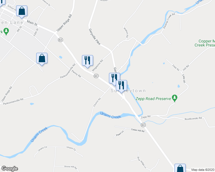 map of restaurants, bars, coffee shops, grocery stores, and more near 3155 Sumneytown Pike in Green Lane