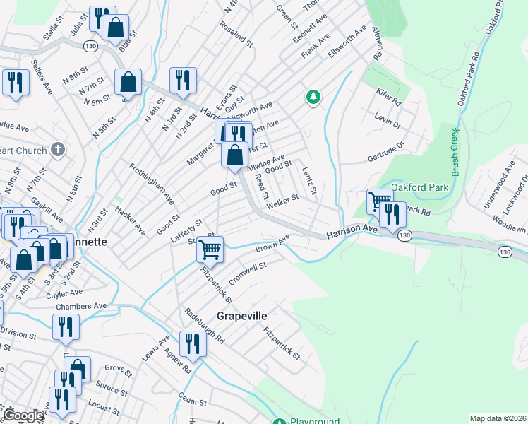 map of restaurants, bars, coffee shops, grocery stores, and more near 225 Harrison Avenue in Jeannette