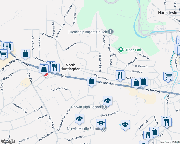 map of restaurants, bars, coffee shops, grocery stores, and more near 11052 Center Highway in Irwin