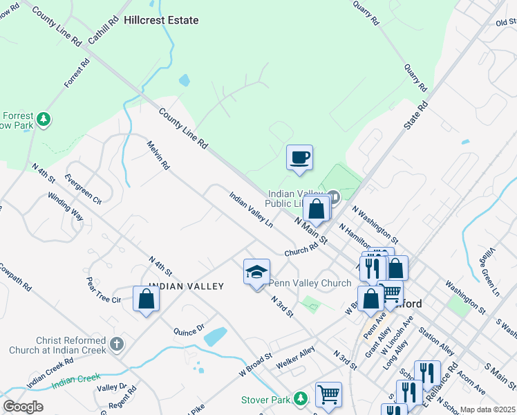 map of restaurants, bars, coffee shops, grocery stores, and more near 25 Indian Valley Lane in Telford