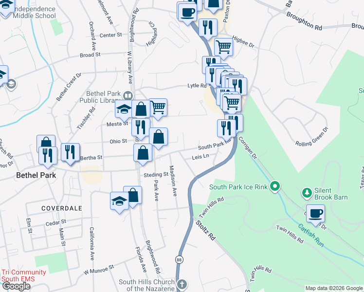 map of restaurants, bars, coffee shops, grocery stores, and more near 2551 South Park Road in Bethel Park