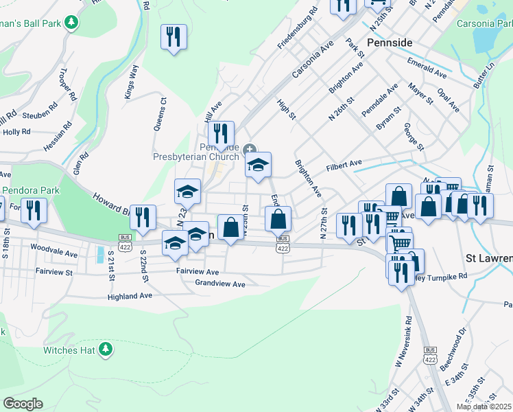 map of restaurants, bars, coffee shops, grocery stores, and more near 114 Center Street in Mount Penn