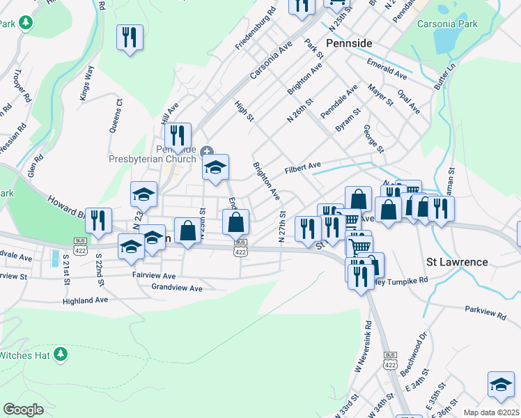map of restaurants, bars, coffee shops, grocery stores, and more near 2616 Cumberland Avenue in Mount Penn