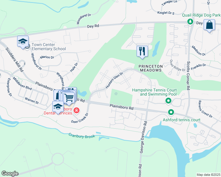 map of restaurants, bars, coffee shops, grocery stores, and more near 910 Hunters Glen Drive in Plainsboro Township