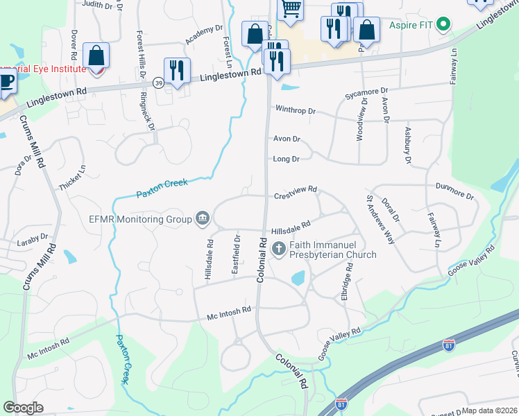 map of restaurants, bars, coffee shops, grocery stores, and more near 4204 Hillsdale Road in Harrisburg