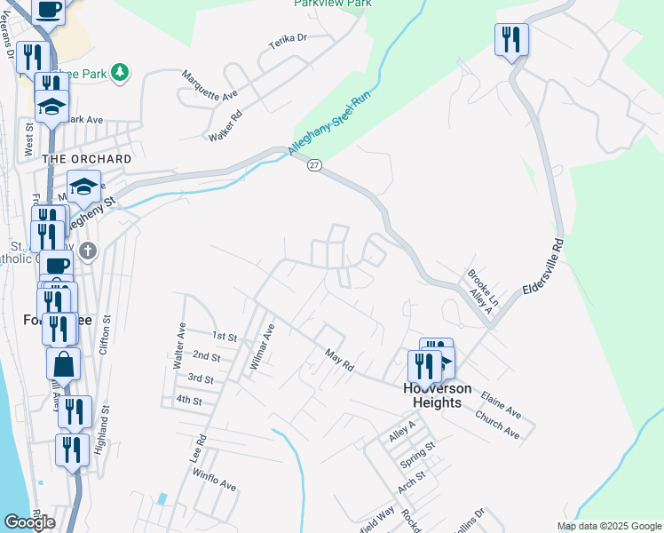 map of restaurants, bars, coffee shops, grocery stores, and more near 57 Woodcrest Road in Follansbee