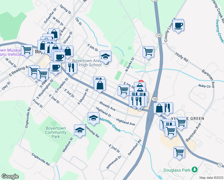 map of restaurants, bars, coffee shops, grocery stores, and more near 633 East Philadelphia Avenue in Boyertown