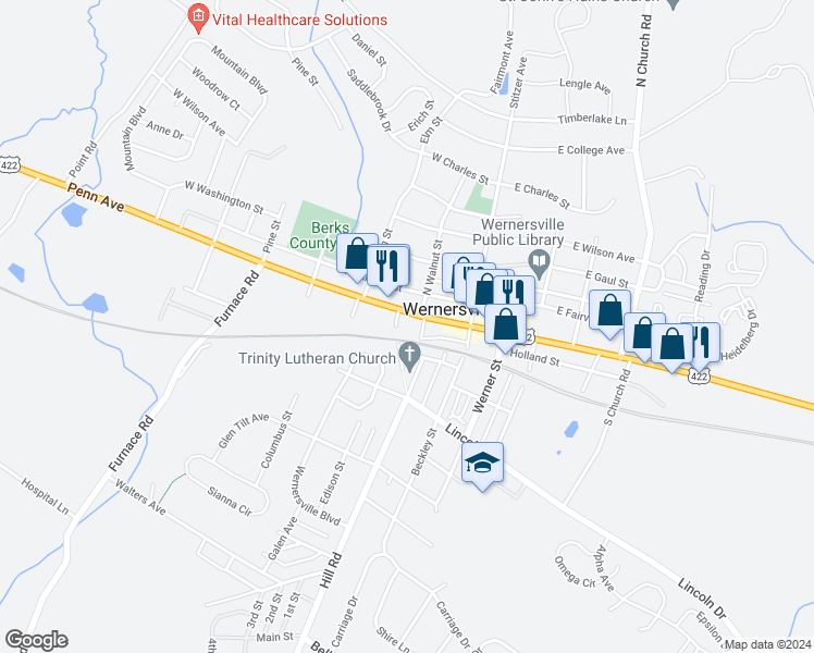 map of restaurants, bars, coffee shops, grocery stores, and more near 116 West Penn Avenue in Wernersville