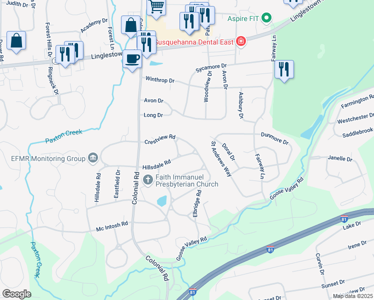 map of restaurants, bars, coffee shops, grocery stores, and more near 4319 Crestview Road in Harrisburg