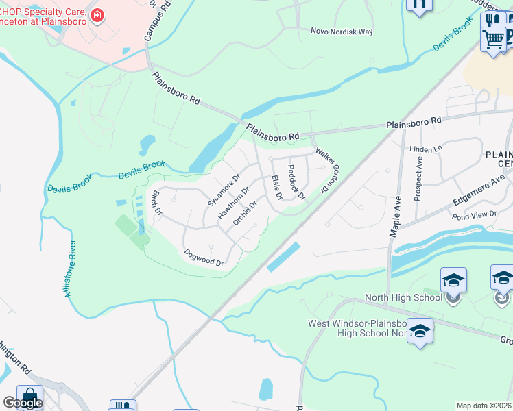 map of restaurants, bars, coffee shops, grocery stores, and more near 8 Orchid Drive in Plainsboro Township