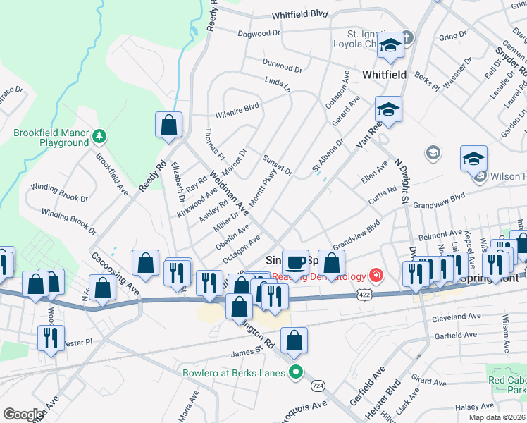 map of restaurants, bars, coffee shops, grocery stores, and more near 164 Oberlin Avenue in Sinking Spring