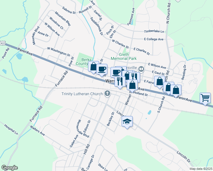 map of restaurants, bars, coffee shops, grocery stores, and more near 116 West Penn Avenue in Wernersville