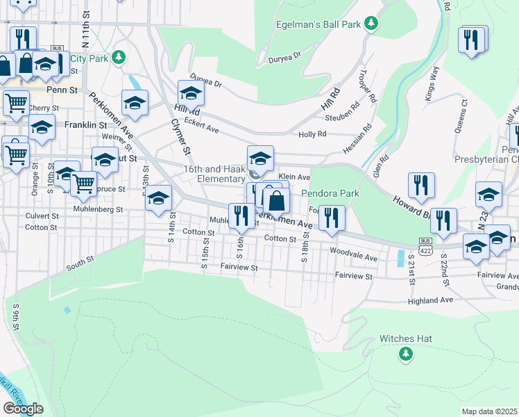 map of restaurants, bars, coffee shops, grocery stores, and more near 1627 Perkiomen Avenue in Reading