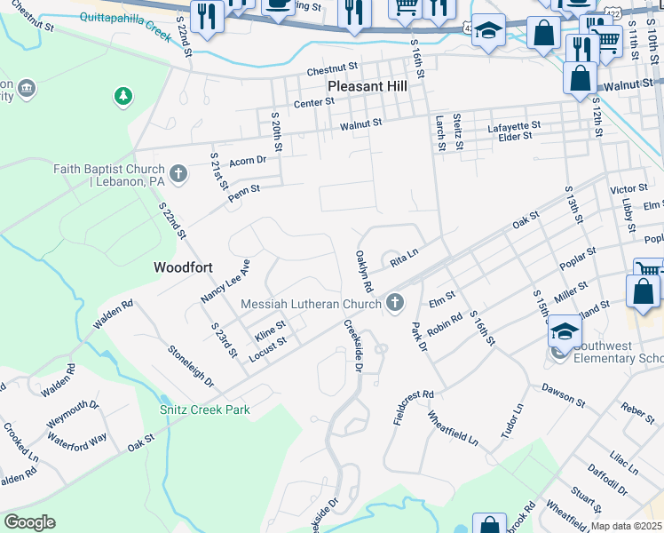 map of restaurants, bars, coffee shops, grocery stores, and more near 34 Creekside Drive in Lebanon