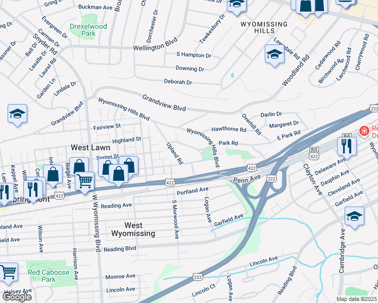 map of restaurants, bars, coffee shops, grocery stores, and more near 64 Park Road in Reading