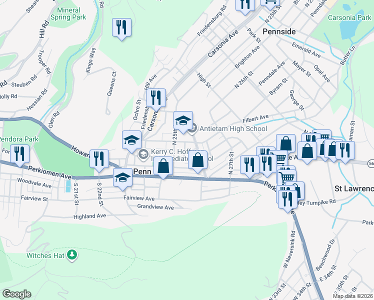 map of restaurants, bars, coffee shops, grocery stores, and more near 2526 Cumberland Avenue in Mount Penn