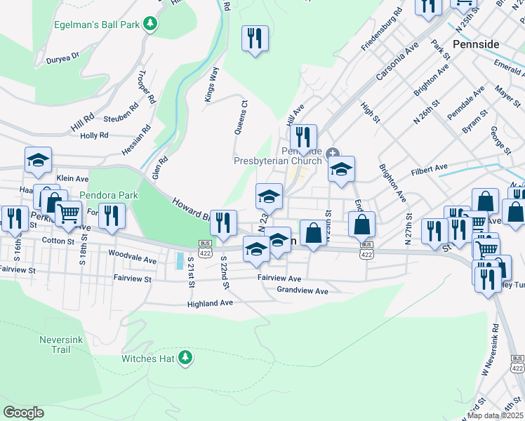 map of restaurants, bars, coffee shops, grocery stores, and more near 48 N 23rd St in Reading