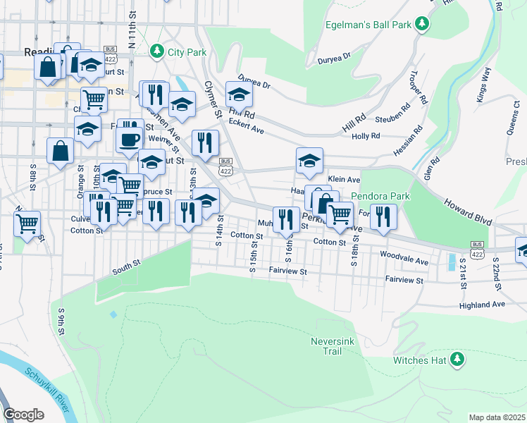 map of restaurants, bars, coffee shops, grocery stores, and more near 1508 Perkiomen Avenue in Reading