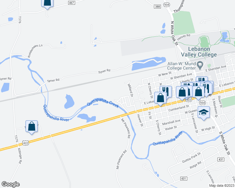 map of restaurants, bars, coffee shops, grocery stores, and more near 30 Limekiln Drive in Annville