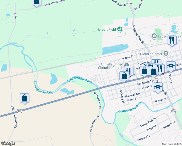 map of restaurants, bars, coffee shops, grocery stores, and more near 103 Clay Court in Annville