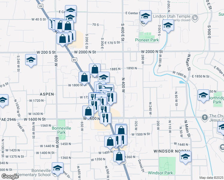 map of restaurants, bars, coffee shops, grocery stores, and more near 465 West 1780 North Street in Orem
