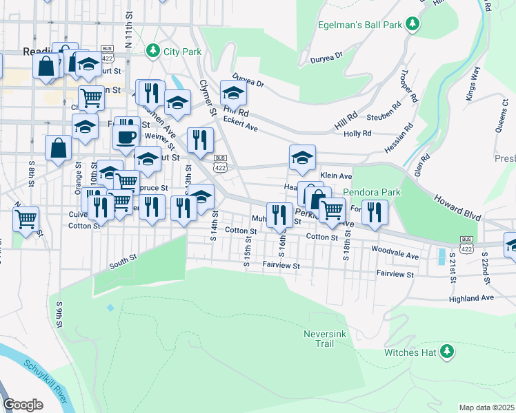 map of restaurants, bars, coffee shops, grocery stores, and more near 1510 Perkiomen Avenue in Reading