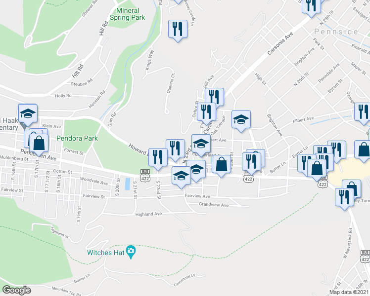 map of restaurants, bars, coffee shops, grocery stores, and more near 48 N 23rd St in Reading