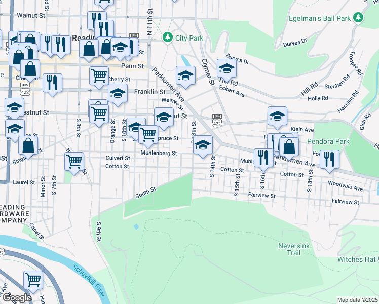 map of restaurants, bars, coffee shops, grocery stores, and more near 421 South 13th Street in Reading