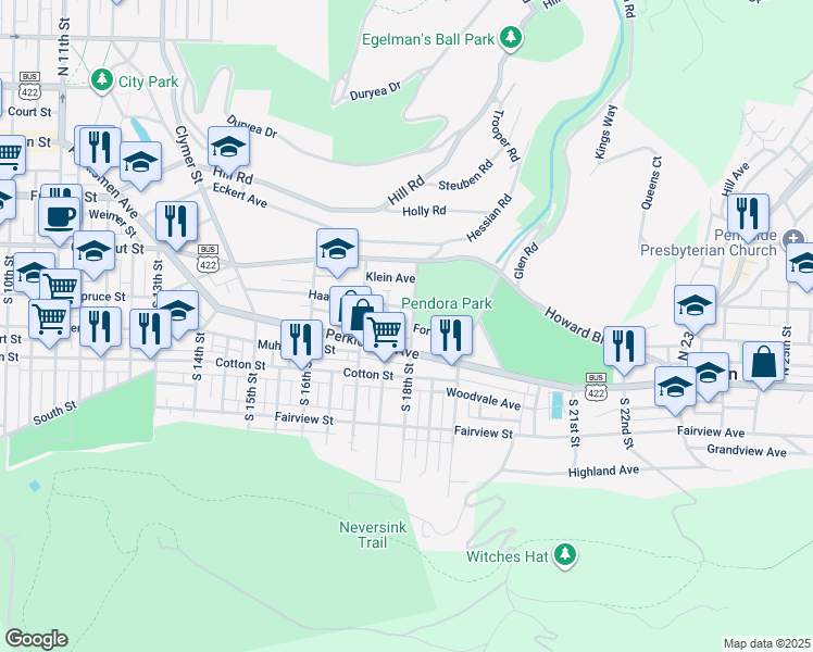 map of restaurants, bars, coffee shops, grocery stores, and more near 332 South 18th Street in Reading