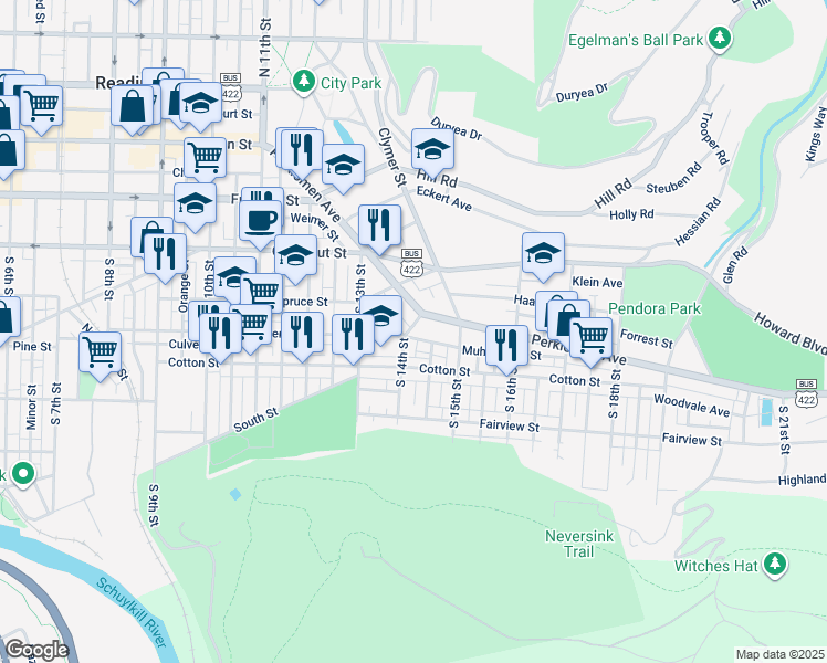 map of restaurants, bars, coffee shops, grocery stores, and more near 1403 Muhlenberg Street in Reading