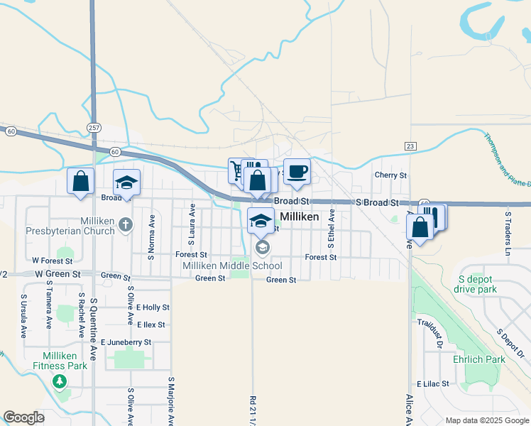 map of restaurants, bars, coffee shops, grocery stores, and more near 913 Elm Street in Milliken