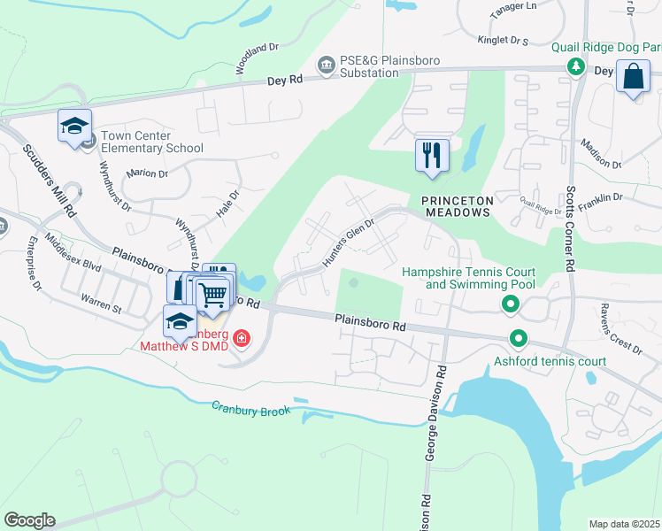 map of restaurants, bars, coffee shops, grocery stores, and more near 910 Hunters Glen Drive in Princeton Meadows