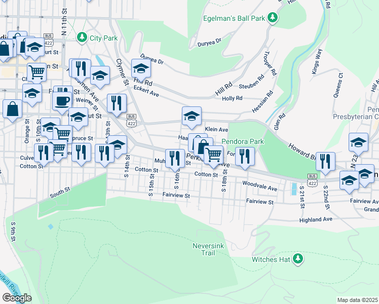 map of restaurants, bars, coffee shops, grocery stores, and more near 1613 Muhlenberg Street in Reading