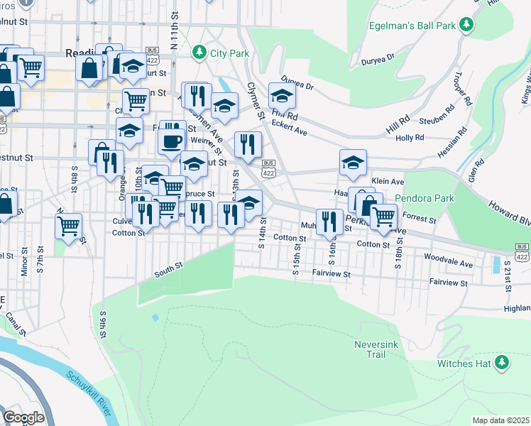 map of restaurants, bars, coffee shops, grocery stores, and more near 417 South 14th Street in Reading