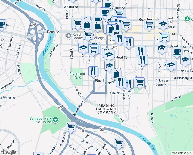 map of restaurants, bars, coffee shops, grocery stores, and more near 407 South 4th Street in Reading