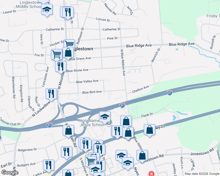 map of restaurants, bars, coffee shops, grocery stores, and more near 6203 Blue Bird Avenue in Harrisburg