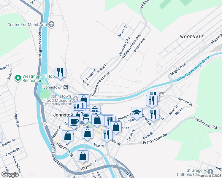 map of restaurants, bars, coffee shops, grocery stores, and more near 200-298 Prospect Street in Johnstown