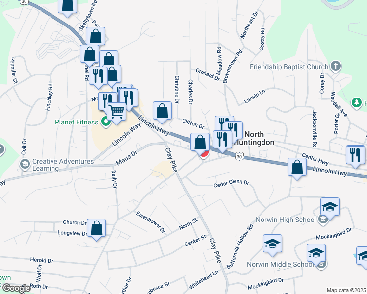 map of restaurants, bars, coffee shops, grocery stores, and more near 11660 Parkway Drive in Irwin