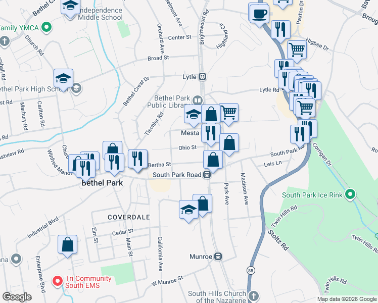 map of restaurants, bars, coffee shops, grocery stores, and more near 2736 Bertha Street in Bethel Park