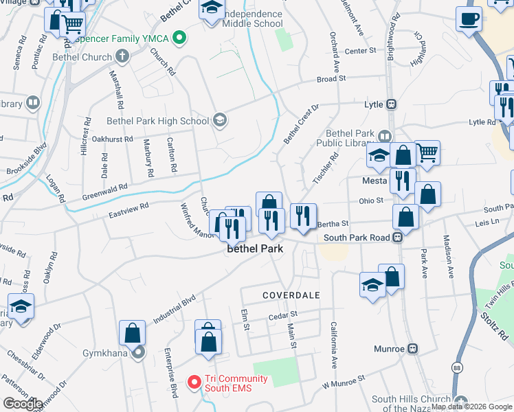 map of restaurants, bars, coffee shops, grocery stores, and more near 2905 Idaho Avenue in Bethel Park
