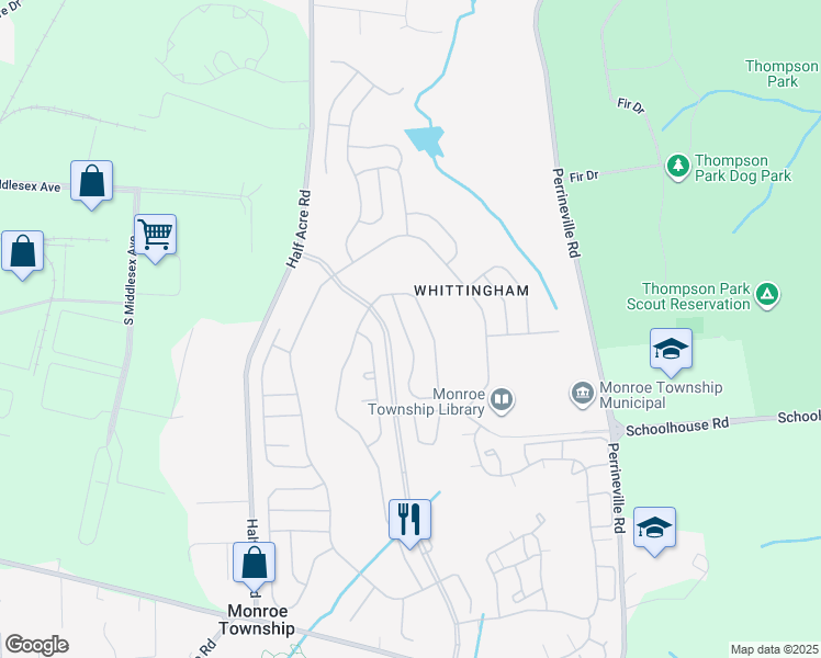 map of restaurants, bars, coffee shops, grocery stores, and more near 15 Brighton Court in Monroe Township